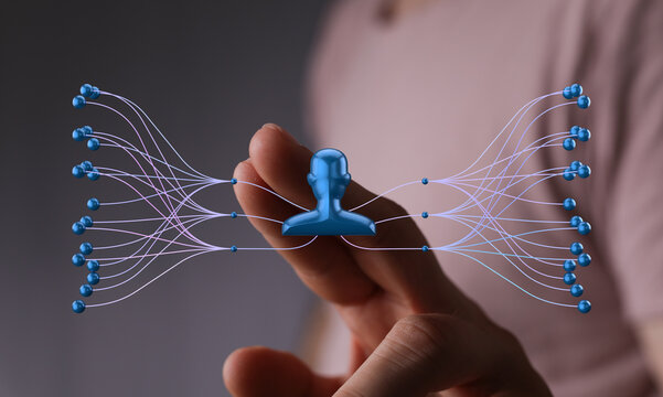 Abstract visualization of a network connection, data flow, and human interaction. Ideal for concepts of communication and technology.