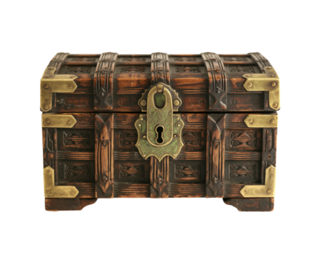 Antique wooden box treasure chest isolated on old wooden storage