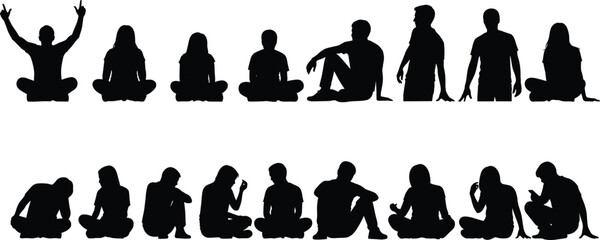 Silhouette people sitting standing, human posture gesture, black figure poses, seated conversation, relaxed position, body language, vector illustration, minimal style, design element