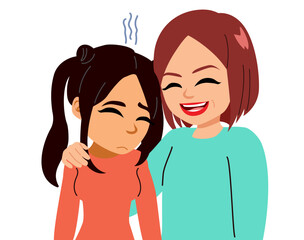 A warm and emotional cartoon illustration showing a mother giving advice to her sad daughter for concepts of parenting ,family love and empathy