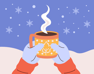 A cozy cartoon vector illustration of two hands holding a cup of hot cocoa on a snowy winter background. Background for Christmas greeting cards