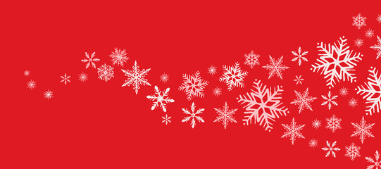 A decorative cartoon illustration of a white snowflake wave on a red background. Background for Christmas, winter holidays and greeting cards
