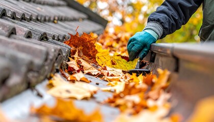 Cleaning Gutters in Autumn - Removing Leaves for Home Maintenance.
