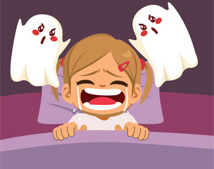 A dramatic cartoon vector illustration of a sad crying girl terrified by ghostly shapes for emotional fear concepts