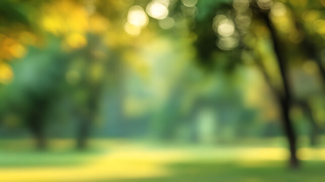 Soft green and yellow bokeh background with trees and sunlight abstract