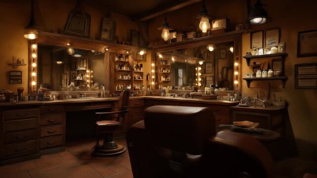 A cozy, vintage barbershop interior, bathed in warm light, with mirrors, chairs, and shelves