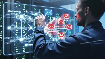 A man interacts with a digital display showing email data flow within a server room - Powered by Adobe