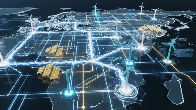 Global energy grid connecting solar panels and wind turbines, transmitting clean renewable electricity on a futuristic digital map with a central power distribution hub - Powered by Adobe