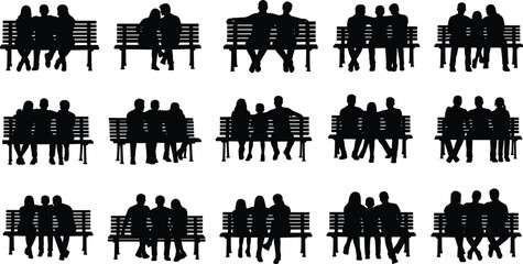Silhouette, bench, people, sitting, interaction, social, group, community, pose, relationship, minimal, black, urban, public, park, lifestyle, emotion, gathering, resting, outdoor,