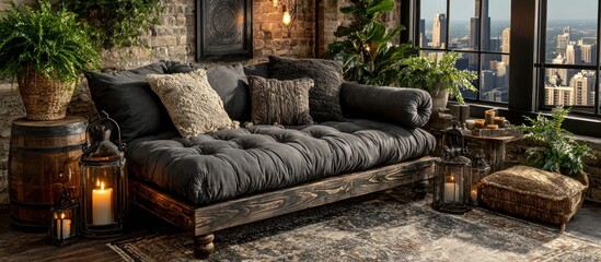 A cozy, modern living space features a daybed and city view