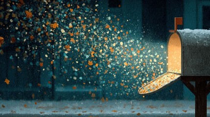 Animated mailbox overflows with autumn leaves and glowing light