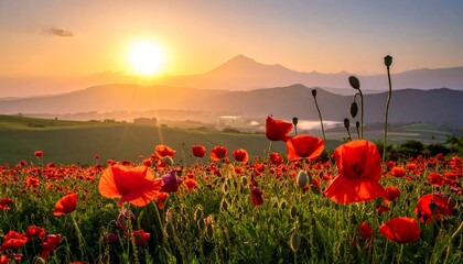 Vibrant poppy field at sunrise with majestic mountain backdrop.