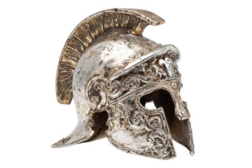Silver spartan helmet with crest against transparent background