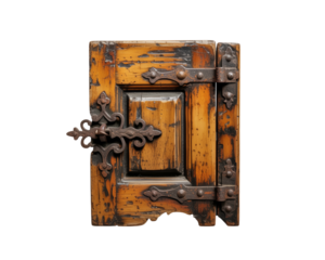 Antique rusty metal door with an old wooden chest and an isolated vintage lock