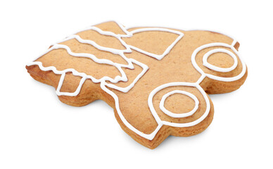 Tasty gingerbread cookie in shape of car isolated on white. Christmas treat