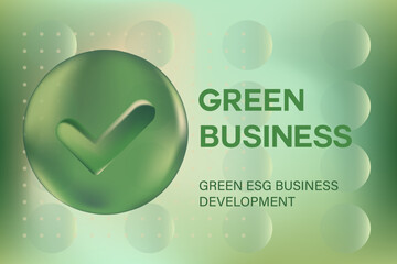 Abstract 3D glass texture sphere or bubble with glowing check mark icon, environment protection, green sustainability business, blurred gradient background with copy space. Digital ESG development