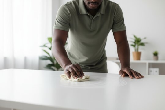 A black man cleaning a white desk with a cloth in a modern office. Close-up on housekeeping and hygiene. Tidying up the workplace
