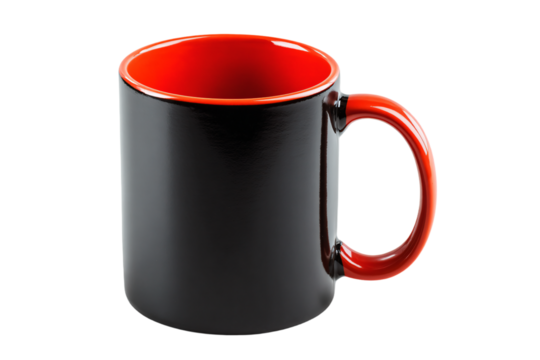 a black and red coffee mug with a red handle
