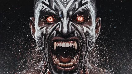 Abstract face displaying spiritual tribal patterns, disintegrating into a vibrant explosion of sparkling particles and light against a dark background, symbolizing energy release and transformation - Powered by Adobe