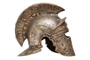 Ornamented silver spartan helmet on transparent background