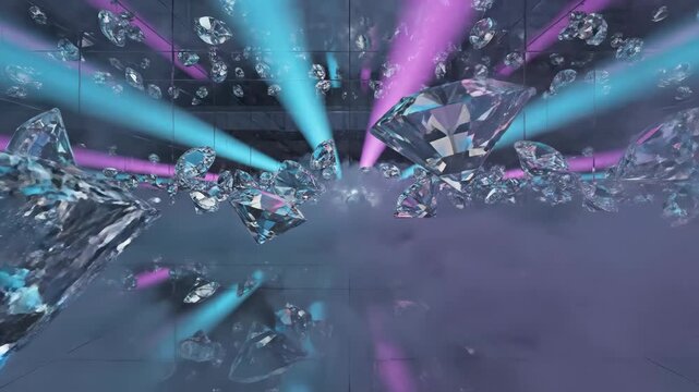 Numerous brilliant diamonds falling through an abstract tunnel reflecting neon blue and magenta lights, surrounded by swirling smoke and dynamic lighting