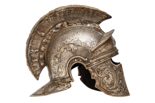 Ornamented silver spartan helmet on transparent background