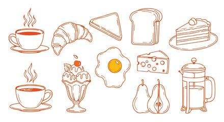Sketch collection of breakfast, pastry, and dessert food items for cafe menu design isolated on Transparent Background