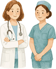Fototapeta premium Vector watercolor illustration of a femlae medical doctor with a nurse