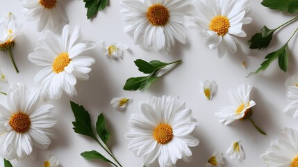 Beautiful white daisies scattered on a light background in a peaceful arrangement