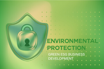 Abstract 3D glass texture security shield with glowing padlock icon, environment protection, green sustainability business, blurred gradient background with copy space. Digital ESG development