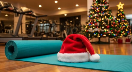 Santa hat on yoga mat in decorated gym at Christmas