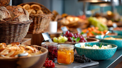 A vibrant buffet display features an array of breakfast delicacies, including bread, pastries, fruit, and homemade jams. Yummy!