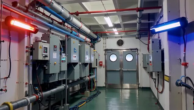 Industrial electrical control room with panel boards exposed pipes and red blue lighting