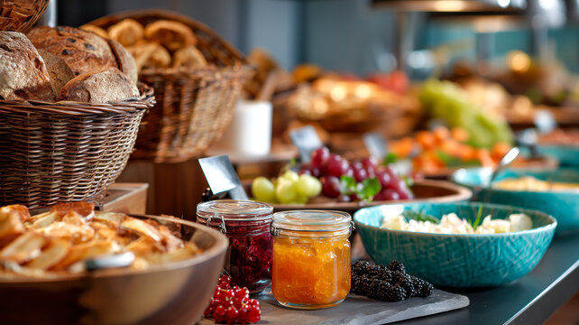 A vibrant buffet display features an array of breakfast delicacies, including bread, pastries, fruit, and homemade jams. Yummy!