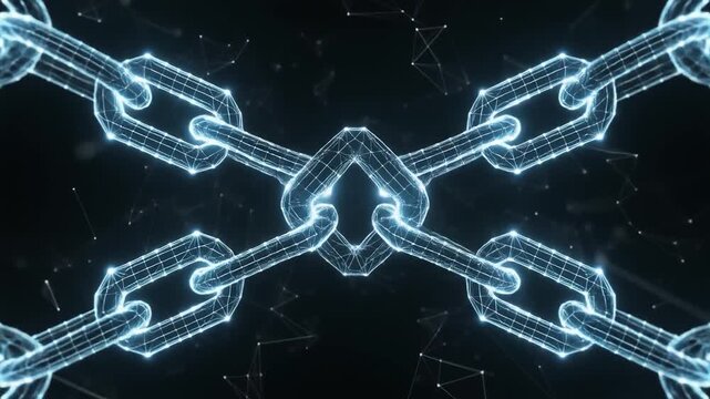 Seamless loop animation of glowing digital node chain linking and unlinking in futuristic abstract visualization with smooth ambient style