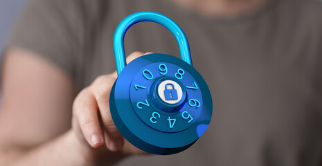 Hand holding a blue combination lock, symbolizing security, privacy, and data protection. Perfect...