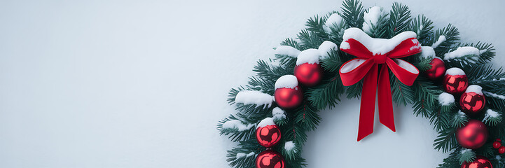 Festive snowy christmas wreath adorned with red ornaments and a bow
