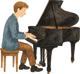 Vector watercolor illustration of a pianist playing the piano