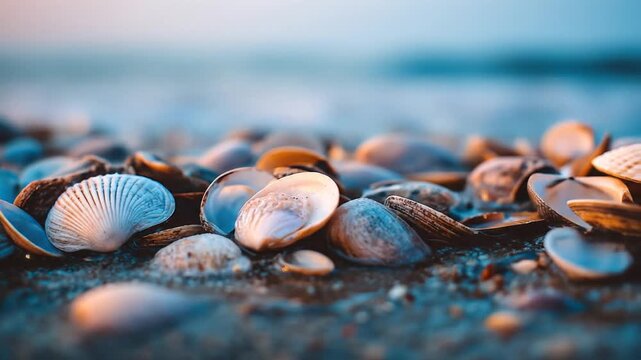 A cluster of colorful seashells on a sandy shore. Shallow depth of field blurs background