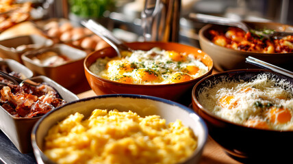 Fototapeta premium A delectable assortment of breakfast dishes, showcasing a variety of egg preparations and sides in rustic serving bowls.