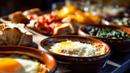 A vibrant array of fresh brunch dishes awaits, featuring eggs, tomatoes on toast, and healthy greens, perfect for a sunny meal.
