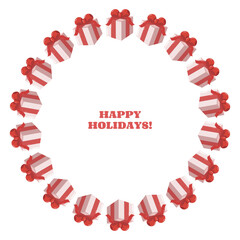 Holiday greeting card with red and white gift boxes arranged in a circular wreath shape and Happy Holidays text in the center. Festive Christmas and New Year background illustration