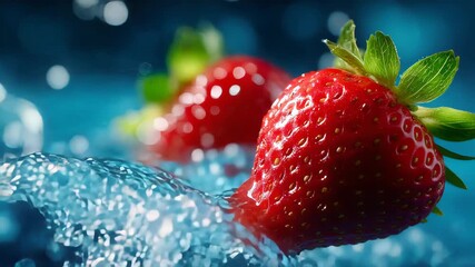 Juicy red strawberries splashing into vibrant blue water, captured in a high-speed macro action shot