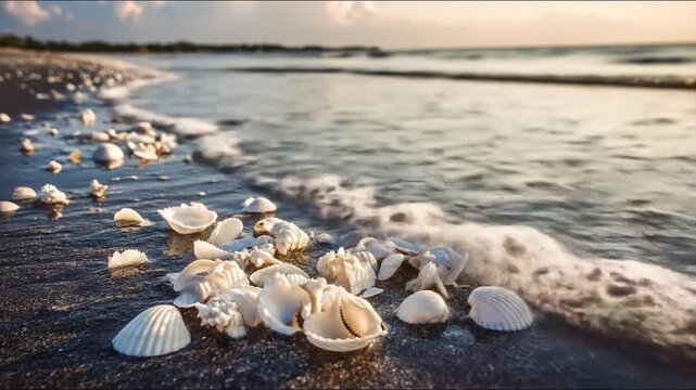A serene beach scene displays seashells scattered along the wet sand at the shoreline