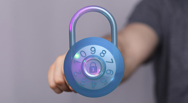 Person's hand holding a digital illuminated code lock, symbolizing data security, cybersecurity, and protection. Represents privacy,