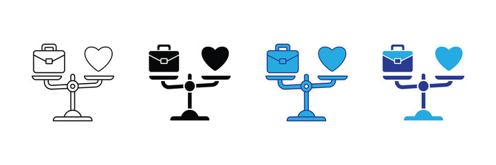 Work-life balance icons with briefcase, heart on scale, career vs personal life equity isolated on white background