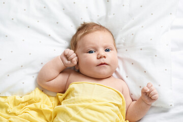 Cute newborn baby in bed at home, top view