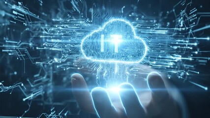 Specialist programmer man holding a glowing cloud computing IT icon in his palm. Digital transformation and storage concept for modern information technology. - Powered by Adobe