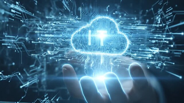 Specialist programmer man holding a glowing cloud computing IT icon in his palm. Digital transformation and storage concept for modern information technology. - Powered by Adobe