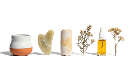 Spa still life featuring gua sha tool, oil bottle, candle and dried flowers